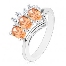 Gyűrű ezüst színben, narancssárga oválisok és kerek, átlátszó cirkóniák