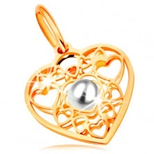 Medál 585 sárga aranyból - szív szívecske körvonalakkal díszítve és fehér gyönggyel a közepén