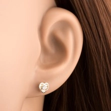 Kétszínű fülbevaló 14K aranyból - szív apró kivágásokkal és átlátszó cirkóniával