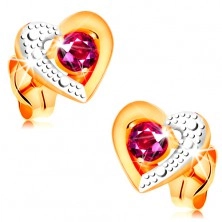 585 arany fülbevaló - rózsaszín rubin kétszínű szív körvonalban, gravírozott