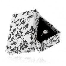 Fehér ajándékdoboz gyűrűnek és fülbevalónak, fekete motívum virágokból és levelekből