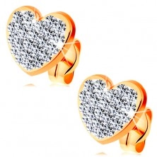 14K sárga arany fülbevaló - csillogó szív, átlátszó Swarovski kristályok
