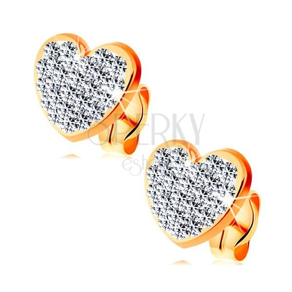14K sárga arany fülbevaló - csillogó szív, átlátszó Swarovski kristályok