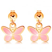 585 arany fülbevaló - fényes golyó függő rózsaszín pillangó, fénymáz