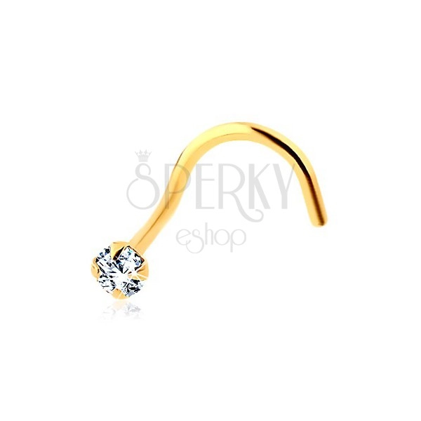 Hajlított orr piercing sárga 585 aranyból - csillogó kerek cirkónia átlátszó színben