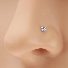 Egyenes szárú orrpiercing 14K sárga aranyból, kerek kék cirkónia, 1,5 mm