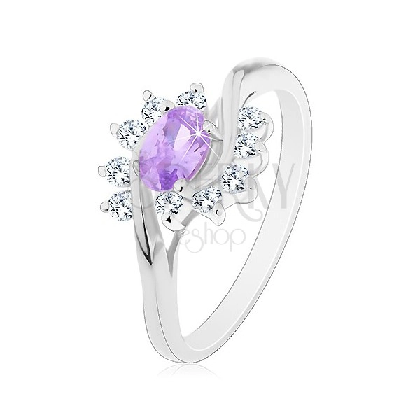 Ezüst színű gyűrű lila ovális cirkónia, átlátszó ívek