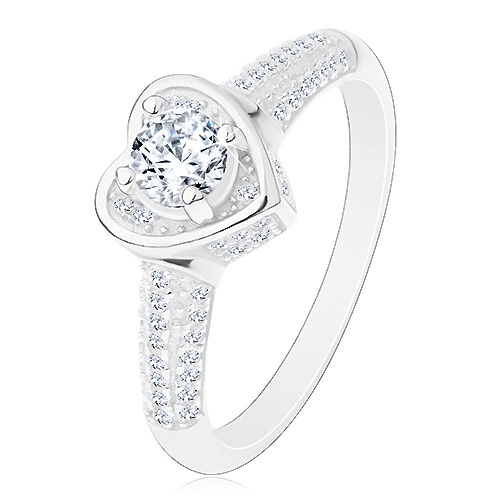 925 ezüst gyűrű, szív átlátszó cirkóniákkal, csillogó szárak - Nagyság: 54