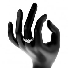 Eljegyzési gyűrű, 925 ezüst, csillogó szárak vékony vonalakkal, átlátszó cirkónia