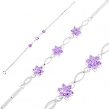 925 ezüst karkötő, fénylő szögletes elemek, búzaszem alakú lila cirkóniák, virágok