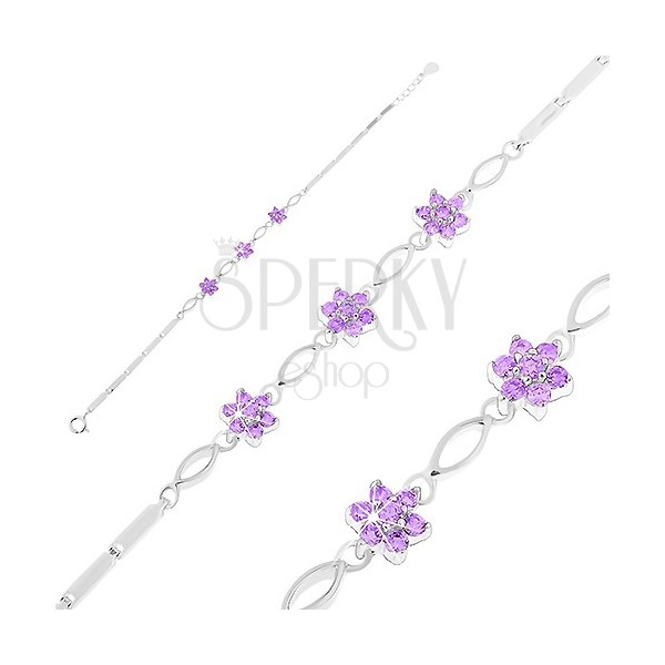 925 ezüst karkötő, fénylő szögletes elemek, búzaszem alakú lila cirkóniák, virágok