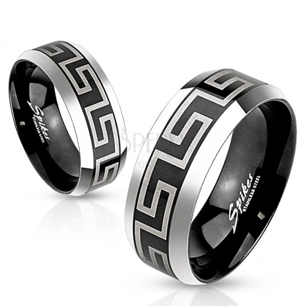 316L acél gyűrű, fekete színben görög kulcsos középső sáv, 8 mm