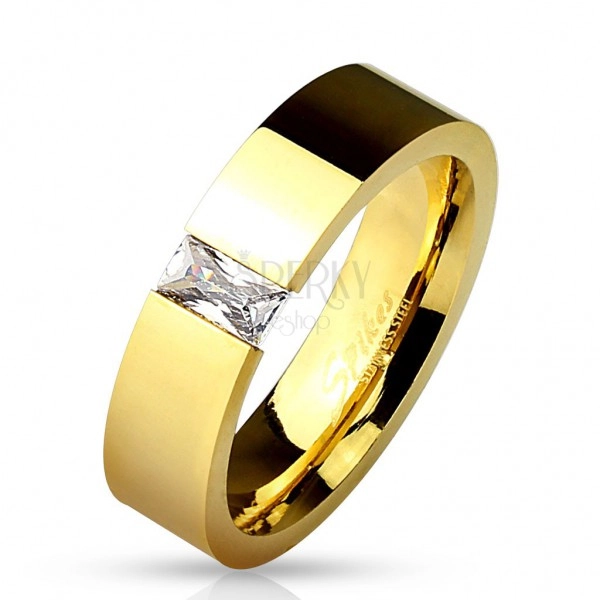 Fényes acél gyűrű arany színben, beültetett téglalap alakú átlátszó cirkónia, 6 mm