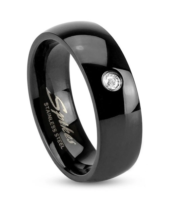 Fekete acél gyűrű, fényes lekerekített szárak, átlátszó cirkónia, 6 mm - Nagyság: 59