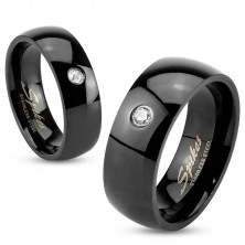 Fekete acél gyűrű, fényes lekerekített szárak, átlátszó cirkónia, 6 mm