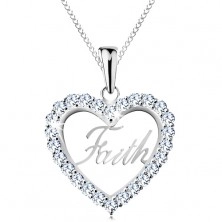 925 ezüst nyaklánc, cirkóniás szív körvonal, Faith felirat, vékony lánc