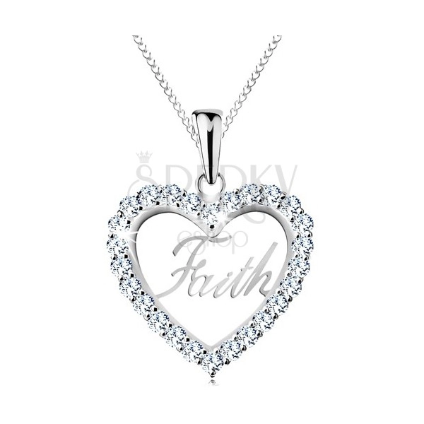 925 ezüst nyaklánc, cirkóniás szív körvonal, Faith felirat, vékony lánc