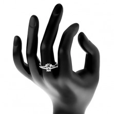 Eljegyzési gyűrű, 925 ezüst, átlátszó cirkónia és csillogó szárak, levelek