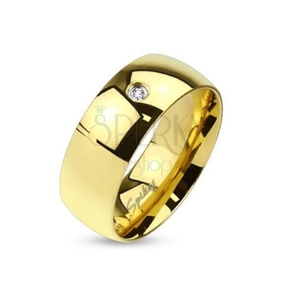 Gyűrű 316L acélból arany színben, átlátszó cirkónia, fényes sima felület, 8 mm