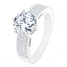 Eljegyzési gyűrű, 925 ezüst gyűrű, nagy csillogó cirkónia, cirkóniás vonalak a szárakon