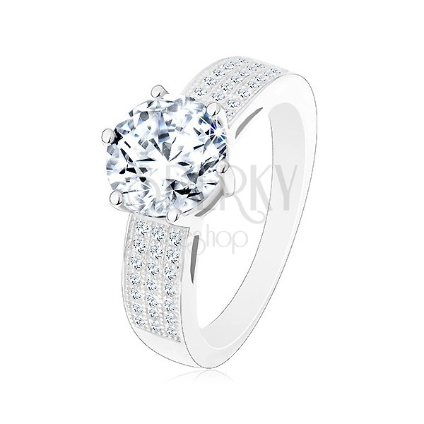 Eljegyzési gyűrű, 925 ezüst gyűrű, nagy csillogó cirkónia, cirkóniás vonalak a szárakon