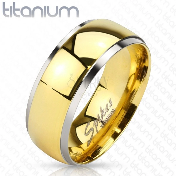 Titánium gyűrű - fényes sáv arany árnyalatban és keskeny ezüst színű szélek, 8 mm