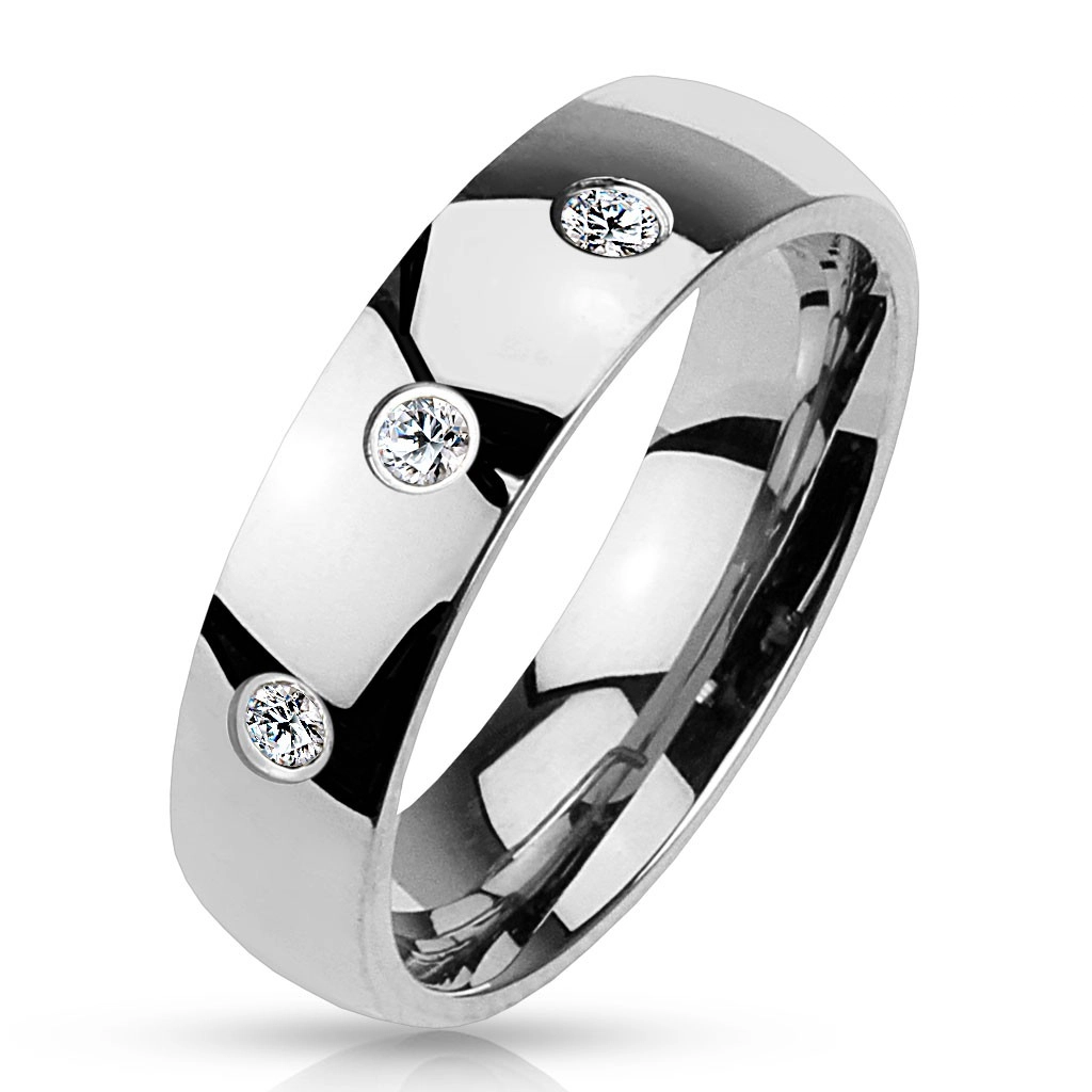 Gyűrű ezüst árnyalatban 316L acélból, fényes sima felület, három cirkónia, 4 mm - Nagyság: 56