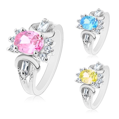 Gyűrű ezüst árnyalatban, csiszolt színes ovális, kerek és téglalap alakú átlátszó cirkóniák - Nagyság: 56, Szín: Rózsaszín