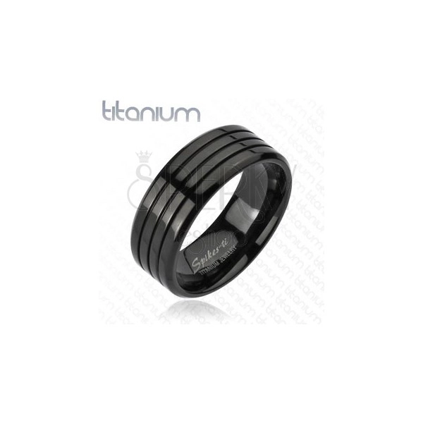 Fekete titán gyűrű három vékony vésettel, magas fény, 8 mm