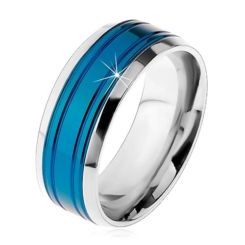 Gyűrű sebészeti acélból, kék sáv, ezüst színű szegélyek, bemetszések, 8 mm - Nagyság: 60