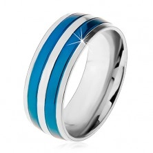 Kétszínű acél gyűrű, vékony sávok kék és ezüst árnyalatban, rovátkák, 8 mm