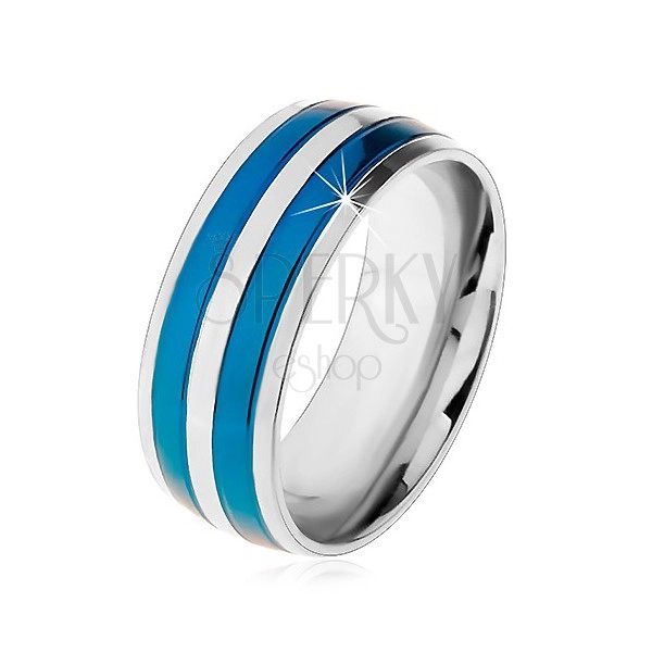 Kétszínű acél gyűrű, vékony sávok kék és ezüst árnyalatban, rovátkák, 8 mm