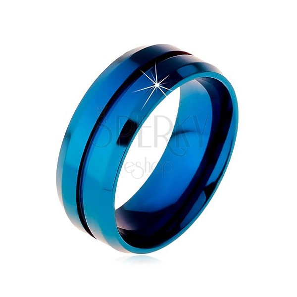 Kék gyűrű sebészeti acélból, keskeny rovátka középen, lemetszett szélek, 8 mm