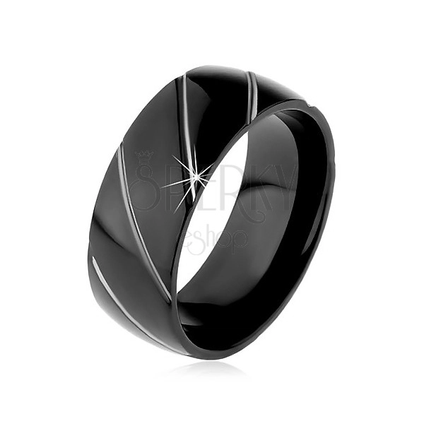 Gyűrű 316L acélból fekete színben, átlós sáv ezüst árnyalatban, 8 mm