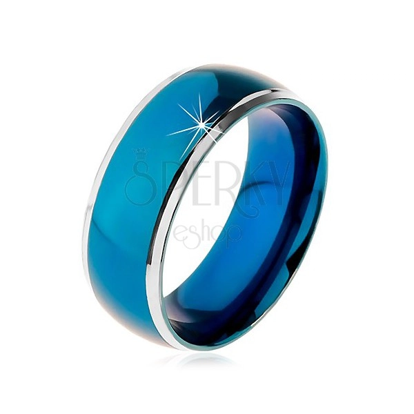 Gyűrű sebészeti acélból, lekerekített kék sáv, ezüst színű szegély, 8 mm