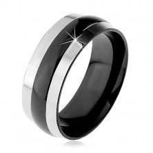 Fényes acél gyűrű, fekete középső sáv, ezüst színű szélek, 8 mm