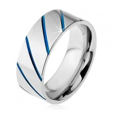 Gyűrű 316L acélból ezüst színben, kék átlós sávok, 8 mm