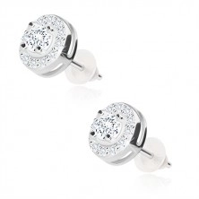 925 ezüst fülbevaló, csillogó kerek cirkónia átlátszó szegéllyel, stekkerek, 7 mm