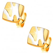 14K arany fülbevaló - fényes négyzet aszimmetrikus vonalakkal fehér aranyból
