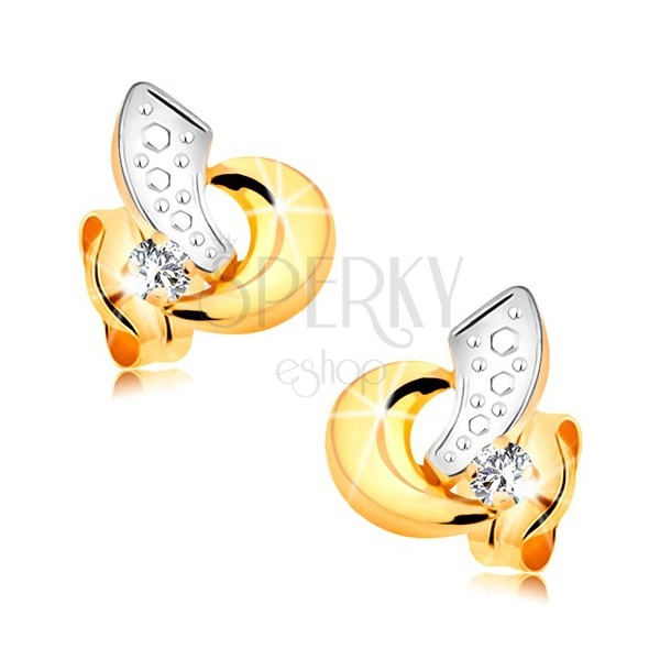585 arany fülbevaló - ívek fehér és sárga aranyból, átlátszó csillogó briliáns