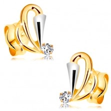 585 arany fülbevaló átlátszó gyémánttal - könnycseppek körvonalai, szélesedő sáv fehér aranyból