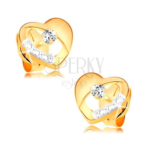 Fülbevaló 14K aranyból - szimmetrikus kétszínű szív gyémánttal és kivágással