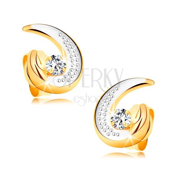 585 arany fülbevaló - részleges kétszínű könnycsepp körvonal, kerek átlátszó gyémánt