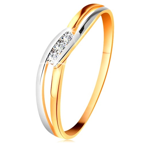 Gyémánt gyűrű 14K aranyból, három átlátszó briliáns, kettéválasztott hullámos szárak - Nagyság: 57