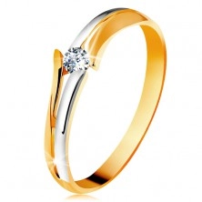 Gyémánt 585 arany gyűrű, csillogó átlátszó briliáns, osztott kétszínű szárak