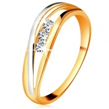 Brilliáns gyűrű 14K aranyból, hullámos kétszínű szárak, három átlátszó gyémánt