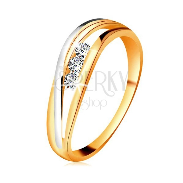 Brilliáns gyűrű 14K aranyból, hullámos kétszínű szárak, három átlátszó gyémánt