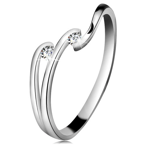 Gyémánt gyűrű fehér 14K aranyból - két csillogó átlátszó briliáns, szárak fényes vonalai - Nagyság: 55
