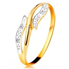 Gyémánt gyűrű 14K aranyból, hullámos kétszínű szárak, három átlátszó gyémánt
