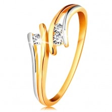 Gyémánt 585 arany gyűrű, három csillogó átlátszó briliáns, osztott kétszínű szárak